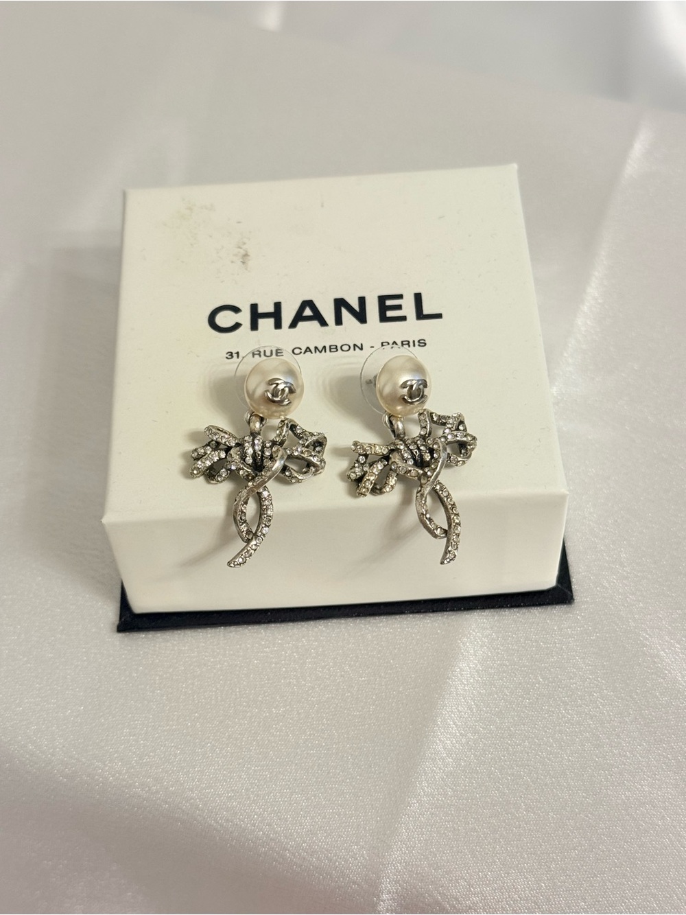 CHANEL Pearl CC Silver Bow Drop Earrings with Crystal Accents